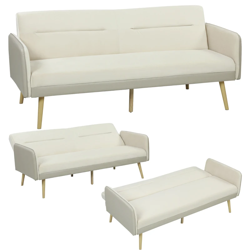 HOMCOM Canapea extensibilă 3 locuri cu spătar rabatabil și tapițerie cu efect de catifea, 185x84x83 cm, bej