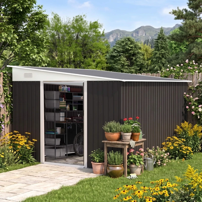 Outsunny Casetta da Giardino con Porta Scorrevole, in Acciaio, 345x280.5x169-201 cm, Nero