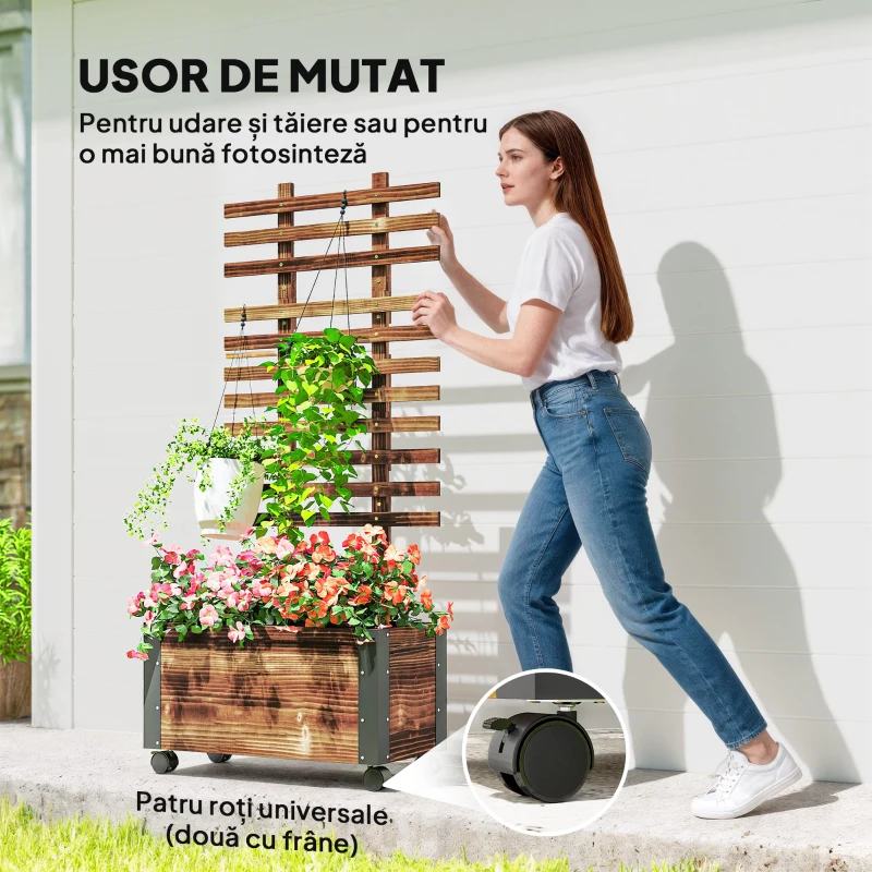 Outsunny Jardinieră cu spalier pentru plante cățărătoare și roți, din lemn de brad, 65x31x147 cm, maro