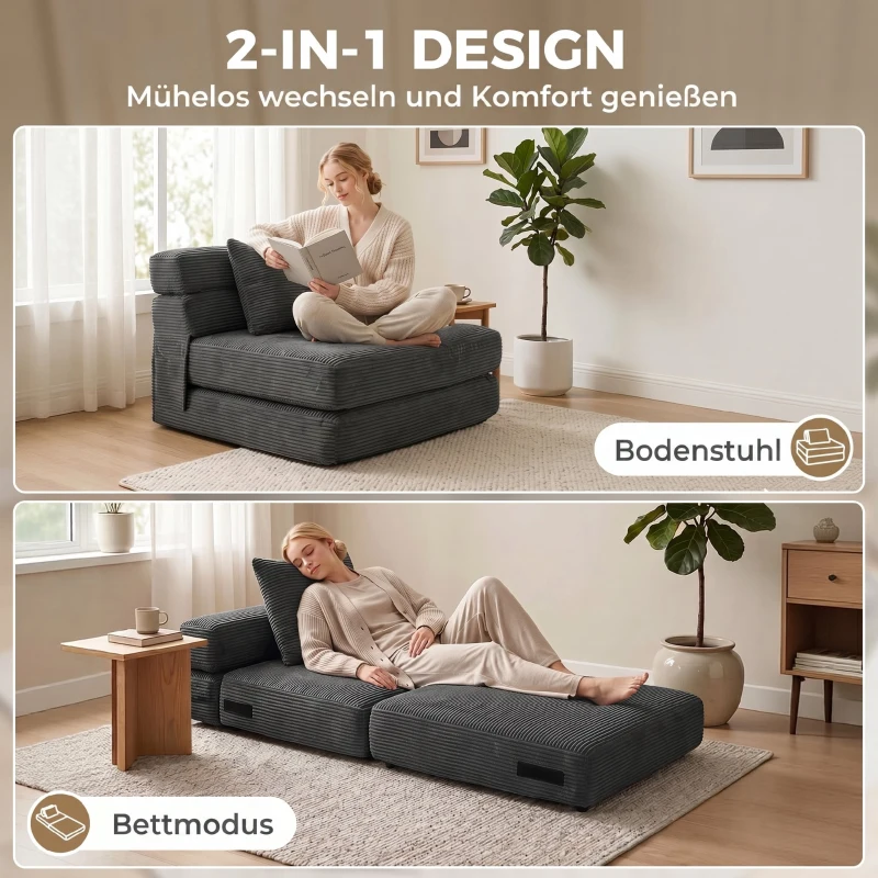 HOMCOM 2-in-1 Boneless Cloud Bodenstuhl, klappbares Schlafsessel mit Cord-Optik & Lendenkissen, Dunkelgrau