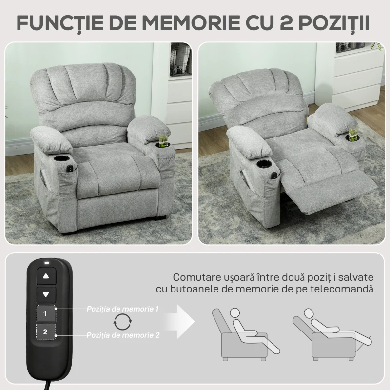 HOMCOM Fotoliu Relax Electric Reclinabil 150° cu Suport pentru Picioare, Șezut Lat, Silențios, Catifea, Gri