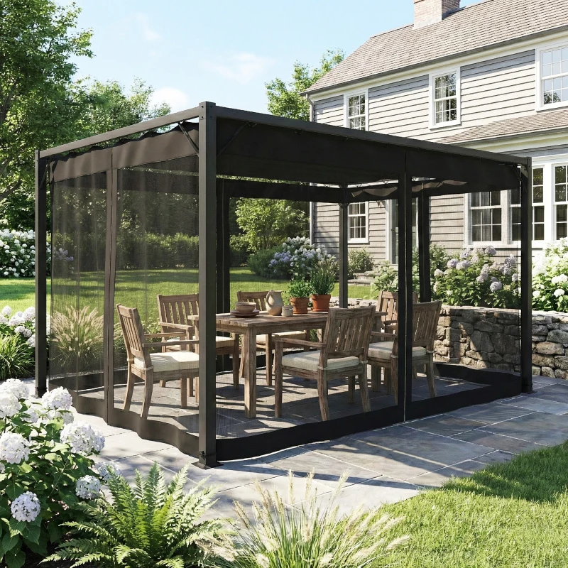 Outsunny Pérgola de Jardín 3x4 m con Techo Retráctil 4 Laterales de Malla UPF30+ Cenador de Jardín para Patio Exterior Gris