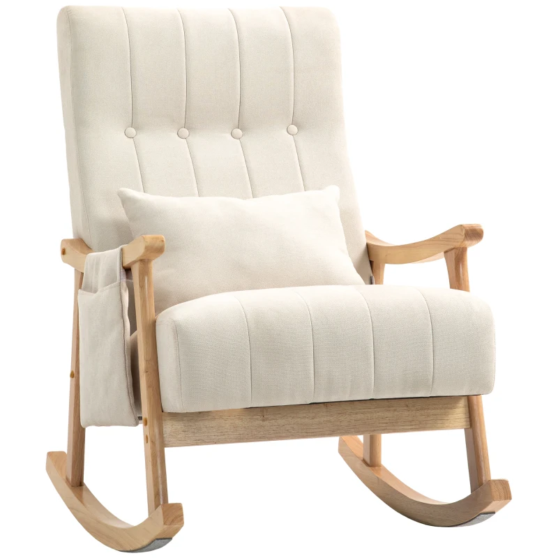 HOMCOM Schommelstoel babykamer Comfortabele Kleine Babywieger Brede Zit Lendekussen Beukenframe Nacht Beige(m-14)