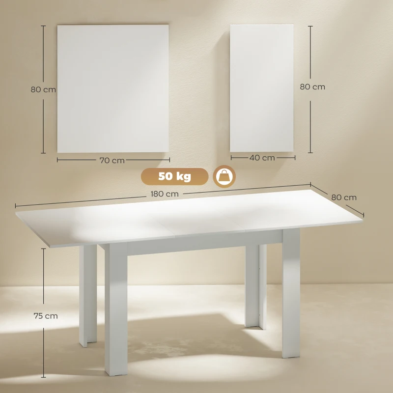 HOMCOM Masă Extensibilă de Luat Masa pentru 6-8 Persoane, 140-180 x 80 cm, Alb