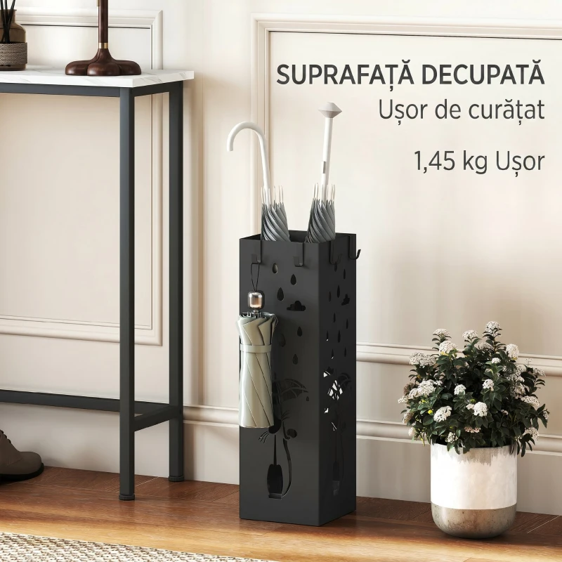 HOMCOM Suport de Umbrele Pătrat din Metal pentru Intrare, Suport Autoportant cu Tavă Detașabilă și 4 Cârlige, pentru Interior și Exterior, 15.5x15.5x49 cm, Negru