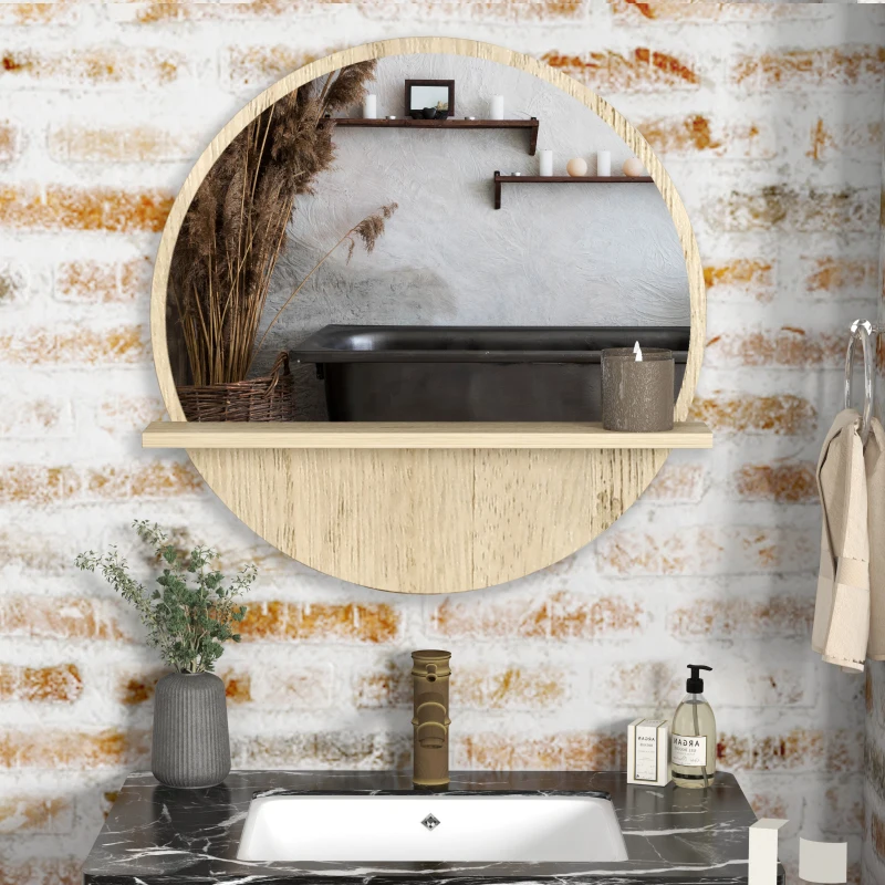 kleankin 45cm Round Home Mirror, with Shelf - Natural Wood Effect