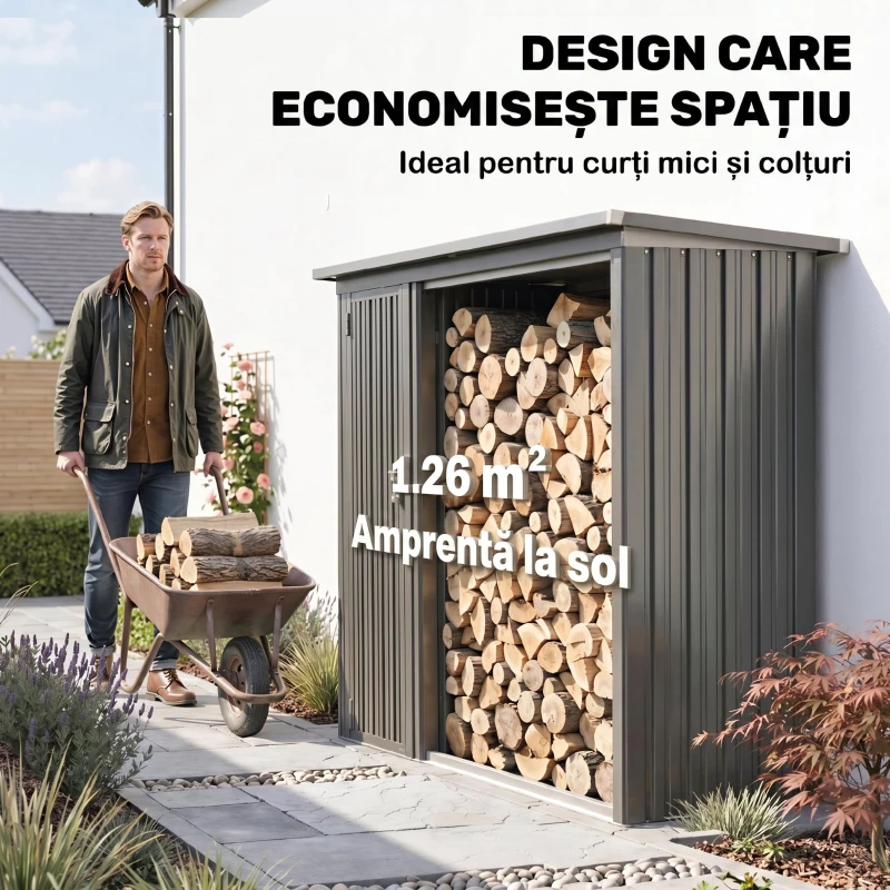 Outsunny Magazie pentru Lemne cu Acoperiș Înclinat, 235x67x149 cm, Gri Închis