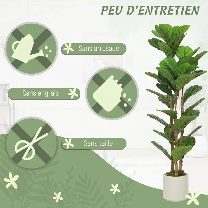 HOMCOM Lot de 2 plantes artificielles 120 cm Figuier lyre arbre artificiel avec pot en plastique et tronc en bois massif, vert