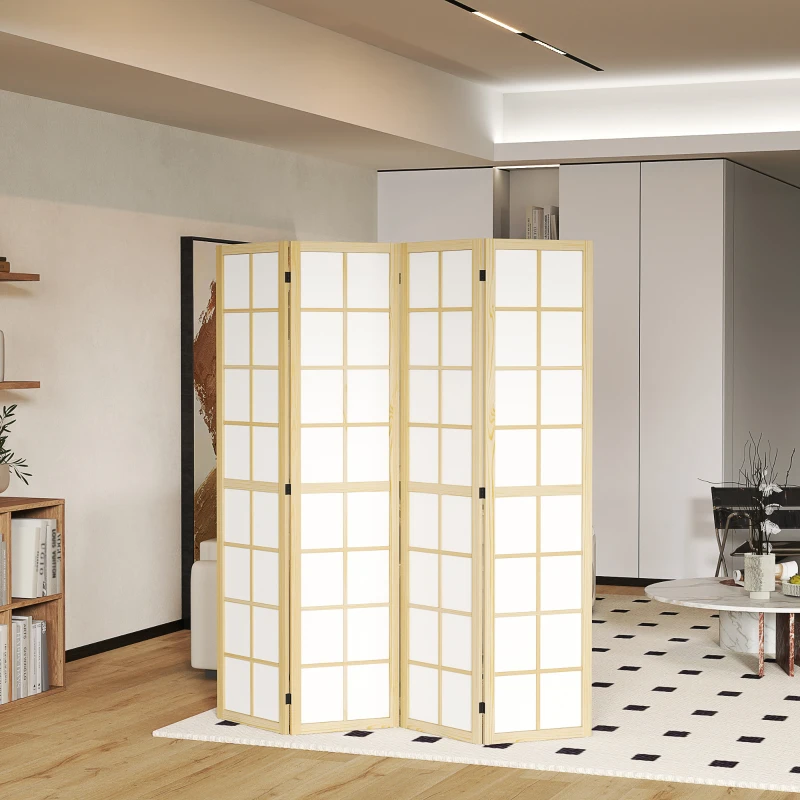 HOMCOM Biombo de 4 Paneles Plegable con Marco de Madera 160x170 cm para Dormitorio Oficina Salón Natural