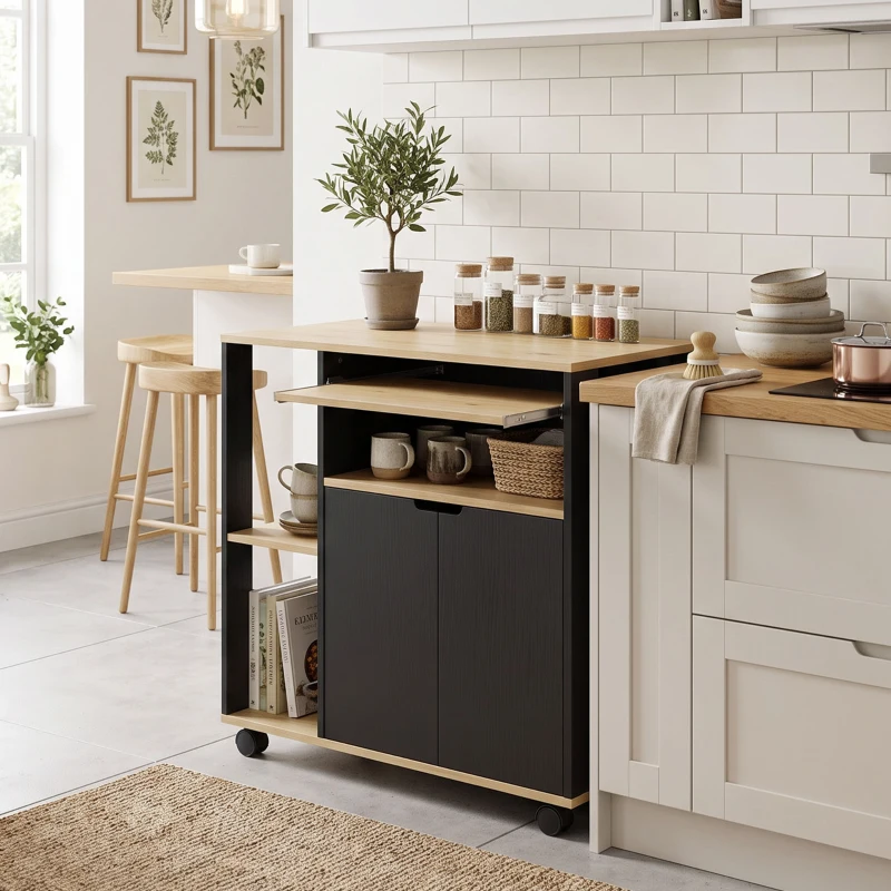 HOMCOM Rollender Küchenwagen mit Stauraum, Schrank, verstellbare Regale, für Küche, Wohnzimmer, Esszimmer, Schwarz