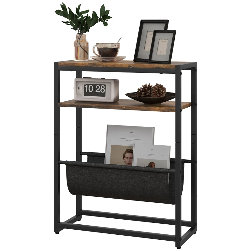 HOMCOM Măsuță De Living Îngustă cu 2 Rafturi, Suport Reviste V, PAL Oțel, 43x18x56 cm, Maro Rustic