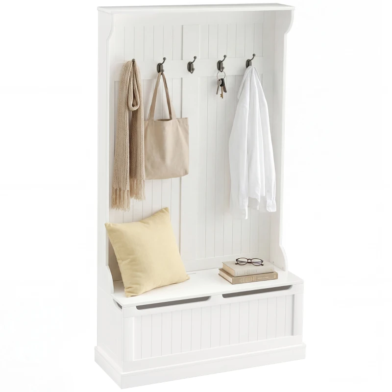 HOMCOM Cuier de Podea cu Bancă pentru Pantofi și 5 Cârlige, MDF, 96L x 34I x 179,7Î cm, Crem