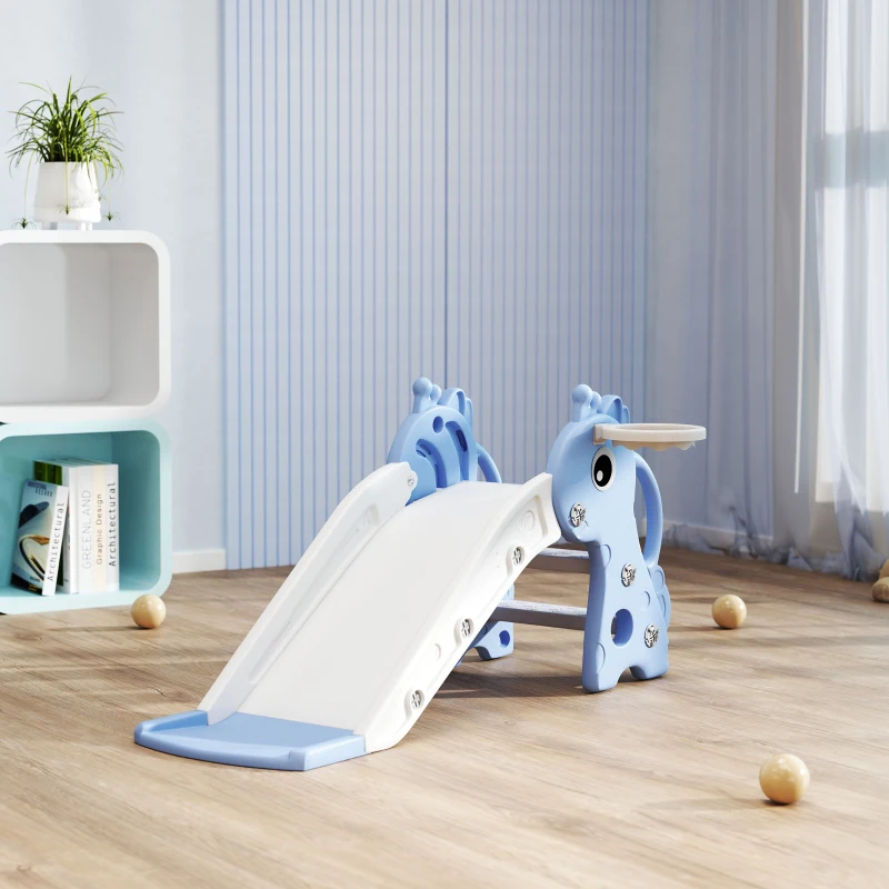 AIYAPLAY Scivolo per Bambini con Scaletta, Canestro da Basket e Pallone, Design Giraffa, per Bambini 1-3 Anni, Blu