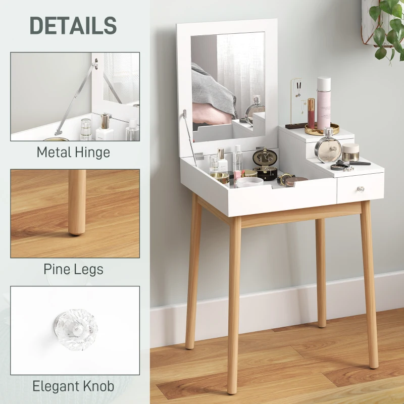 HOMCOM Schminktisch Frisiertisch Kosmetiktisch mit aufklappbarem Spiegel Holzfüße Weiß+Natur 60 x 50 x 85,5cm