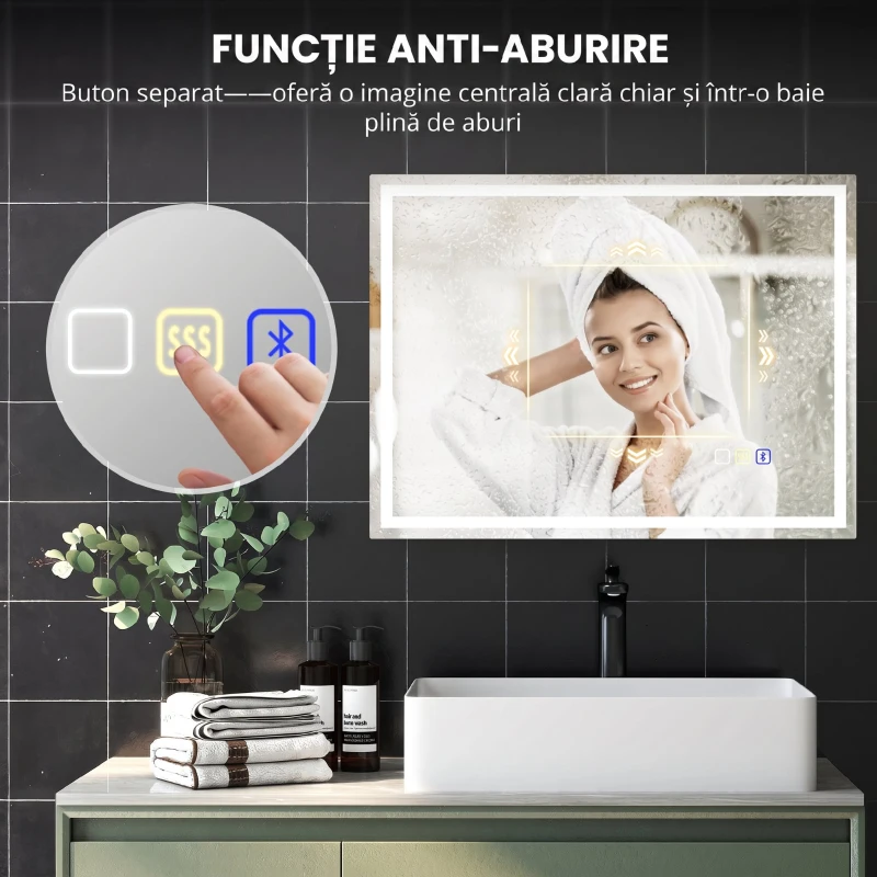HOMCOM Oglindă Baie Anti-aburire Con Lumină Led E Difuzor Bluetooth 80x60 cm