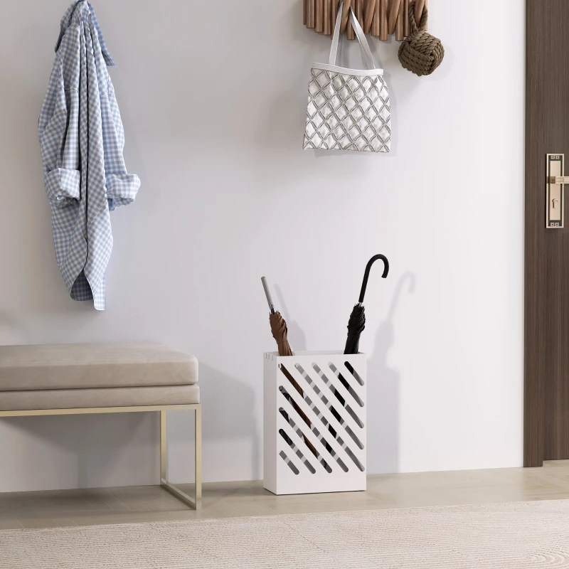 HOMCOM Regenschirmständer mit Tropfschale, 4 Haken, Stahl, 28L x 14B x 41H cm, Weiß(m-10)