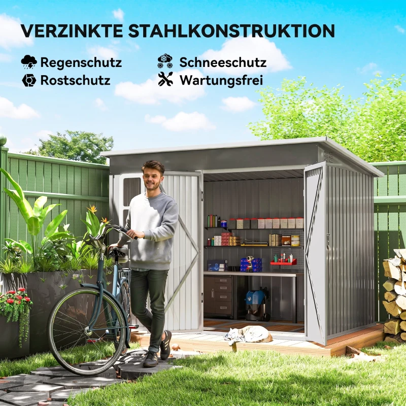 Outsunny Metallschuppen zur Aufbewahrung von Gartengeräten, mit Fenster, breite Tür, 260 x 177 x 190 cm, Hellgrau