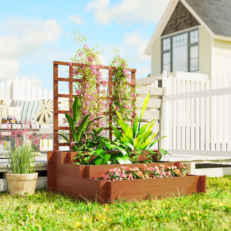 Outsunny Jardinieră cu grilaj pe 3 niveluri din lemn de brad și material netesut, 95x95x110 cm, maro