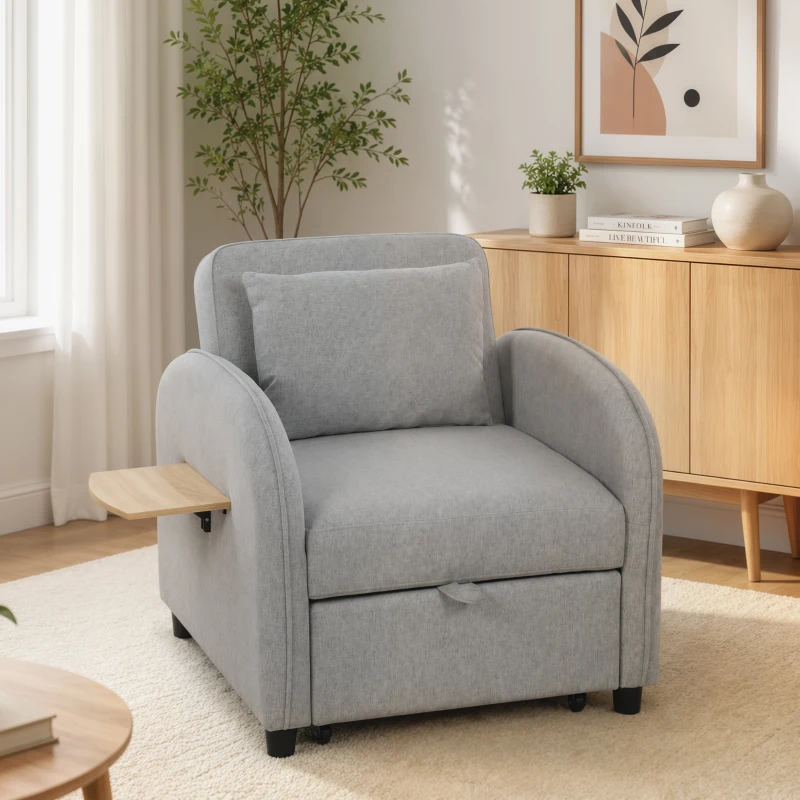 HOMCOM Fauteuil Convertible 1 Place, Fauteuil-Lit Clic-Clac 3 en 1, Dossier Réglable, Tablette Latérale Rabattable, Gris