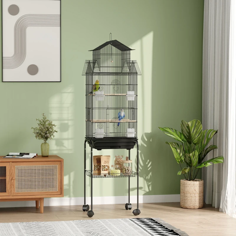 PawHut Cage à oiseaux sur pied, volière sur roulettes avec balançoire, support, design maison, 50,5 x 41 x 163 cm en acier noir