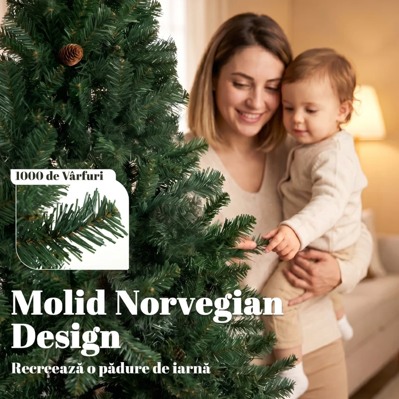 HOMCOM Brad de Crăciun Artificial 200 cm cu 1000 Ramuri și Bază Pliabilă, Verde