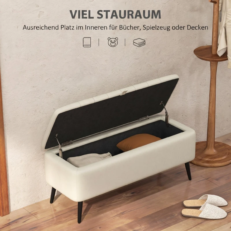 HOMCOM Sitzbank mit Stauraum Polsterbank mit Leinenoptik, Sitztruhe mit Stahlbeine 102 x 40 x 44 cm, Cremeweiß