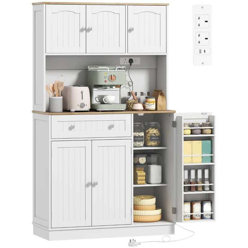 HOMCOM 173 cm Pantry Storage Cabinet with Charging Station, Tall Kitchen Cupboard with Adjustable Shelves and Racks, White