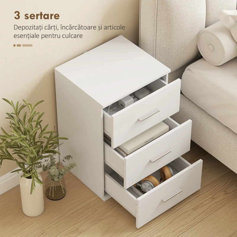 HOMCOM Noptieră cu 3 sertare, modernă și multifuncțională pentru dormitor și living, 40x35x60 cm, albă