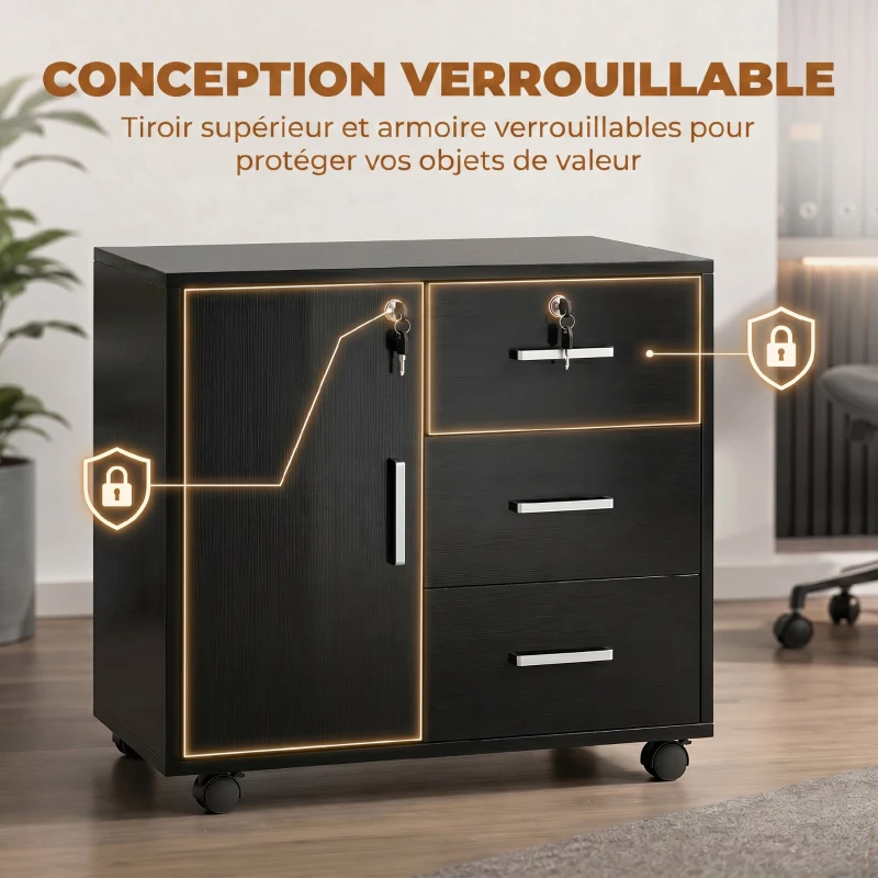 HOMCOM Caisson bureau meuble de rangement verrouillable avec 3 tiroirs et étagère réglable, roulettes, 40 x 60 x 56 cm, noir
