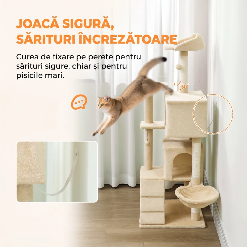 PawHut Ansamblu pentru Pisici, 140 Cm, cu 2 Căsuțe, Hamac, Culcuș și Stâlpi din Sisal, Bej