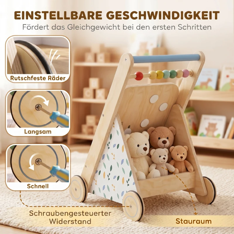 AIYAPLAY Baby Lauflernwagen Holz Lauflernhilfe mit Rädern regulierbarer Geschwindigkeit Bauklötze für Kleinekinder ab 18 Monaten