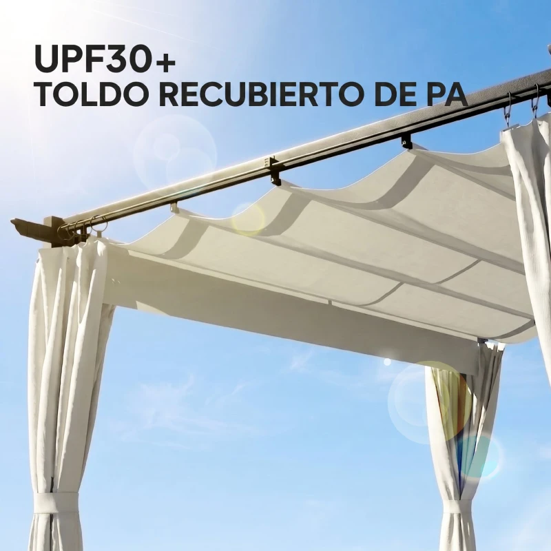 Outsunny Pérgola con Techo Retráctil 4x3 m Cenador con Paredes Laterales Anti-UV Resistente al Agua para Jardín Patio Crema