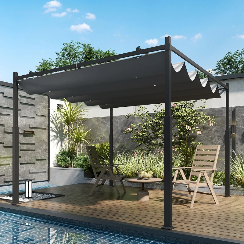 Outsunny Pérgola de Jardín 3x3 m con Techo Retráctil y Accesorio Magnético Protección UV30+ Columnas Metálicas y Ganchos Gris