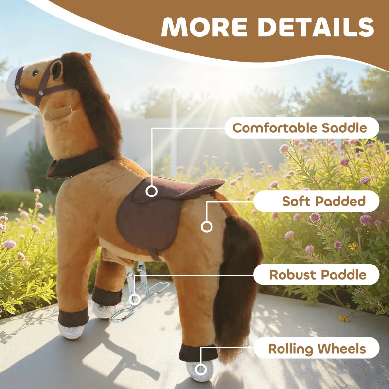 AIYAPLAY Cheval à Monter pour Enfant, Cheval à Roulettes en Peluche, Poignée, 75 cm de Haut, pour 3 à 5 Ans, Marron