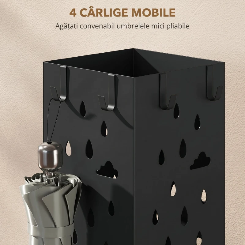 HOMCOM Suport de Umbrele Pătrat din Metal pentru Intrare, Suport Autoportant cu Tavă Detașabilă și 4 Cârlige, pentru Interior și Exterior, 15.5x15.5x49 cm, Negru