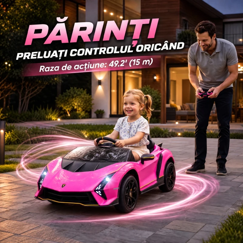 AIYAPLAY Mașină Electrică pentru Copii 3-6 Ani 12V Lamborghini Autentica, 2 Motoare, Uși Tip Foarfecă, Suspensii, Roz