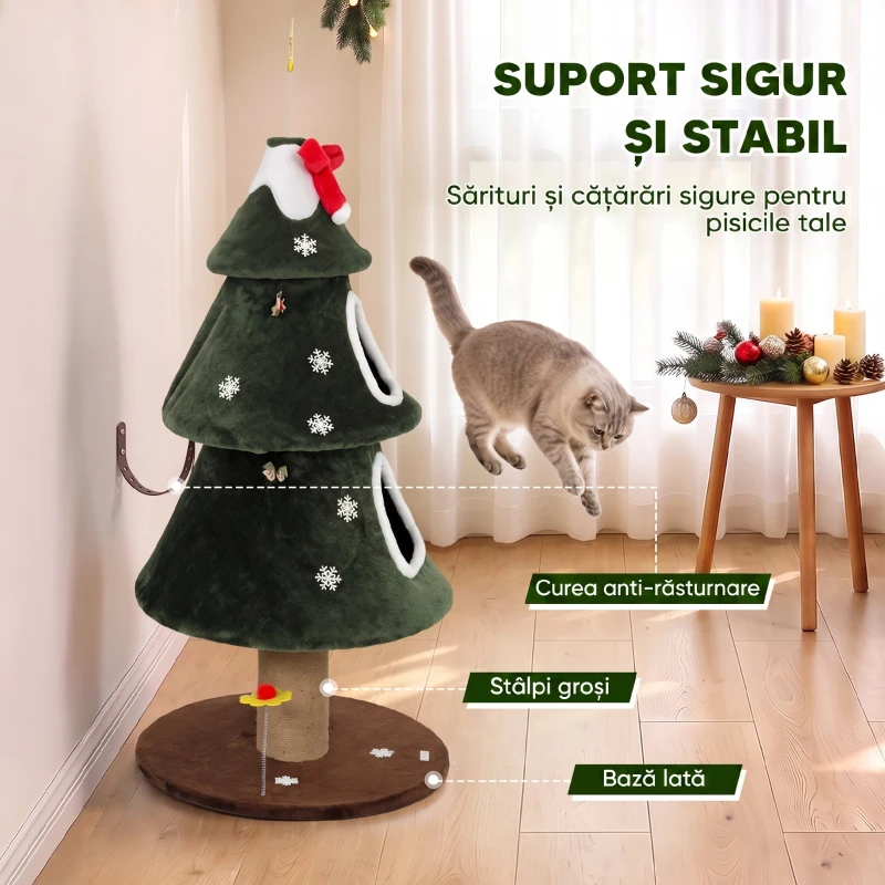 PAWHUT Ansamblu de Zgâriat pentru Pisici, Brad de Crăciun, 2 Culcușuri, Scară din Sisal, Stâlpi din Iută și Mingi, Verde