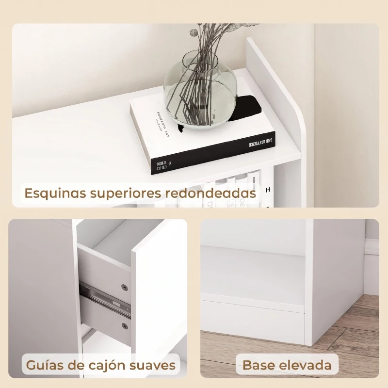 HOMCOM Estantería para Libros Alta y Estrecha con Panel Perforado 2 Cajones 8 Compartimentos Abiertos 120x30x200 cm Blanco