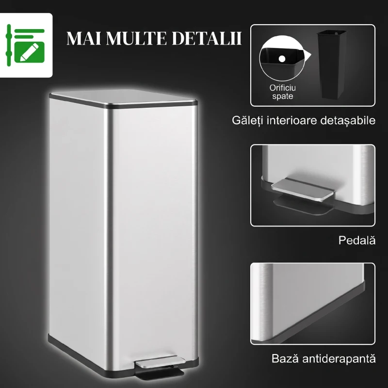 HOMCOM Coș Gunoi 20L cu Pedală și Închidere Amortizată, Anti-Amprente, 37,2x21,5x57 cm, Argintiu