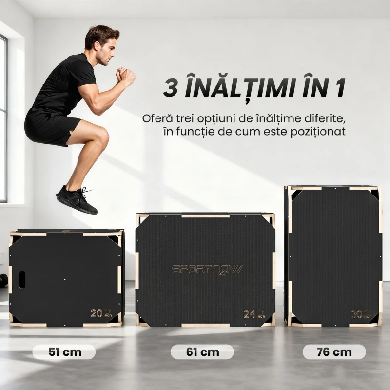 SPORTNOW Cutie Plyo In Lemn 3 In 1, Antiderapant Con Mânere Per Acasă Și Sală