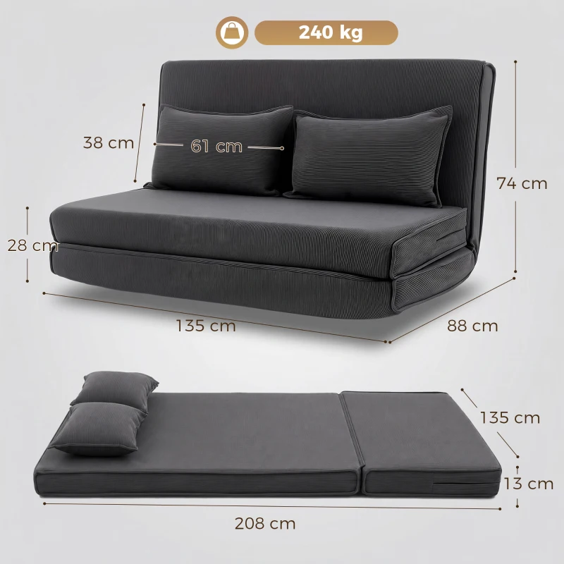 HOMCOM Bodenstuhl mit Rückenlehne, Cord-Klappsofa als Gästebett, Verstellbare Rückenlehne, Breiter Sitz, Dunkelgrau