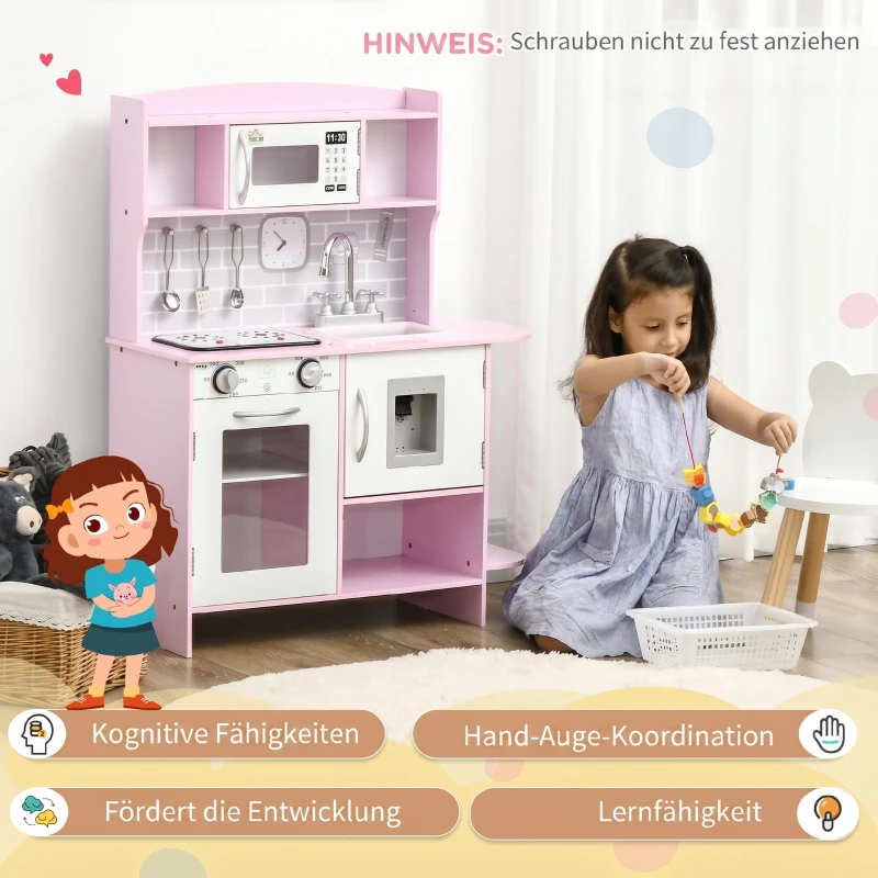 HOMCOM Bucătărie de Jucărie pentru Copii, cu Lumini și Sunete, Dozator Apă, Chiuvetă și Accesorii, MDF, PP, Roz