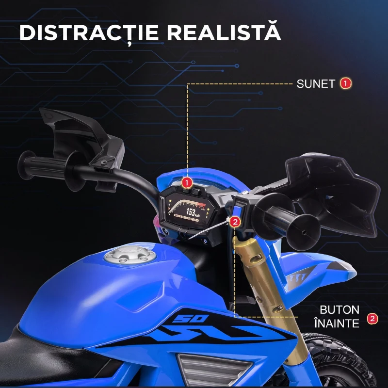 AIYAPLAY Motocicletă electrică pentru copii 3-8 ani, cu 2 motoare 12V, roți ajutătoare și claxon, 3 km/h, 30 kg, albastru