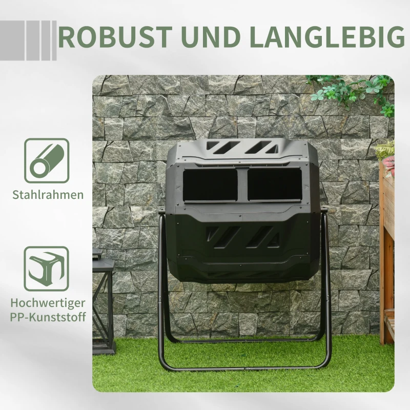 Outsunny Kompostbehälter mit 2 Behältern, 160 L Fassungsvermögen, drehbar, 71 cm x 65 cm x 96 cm, Schwarz