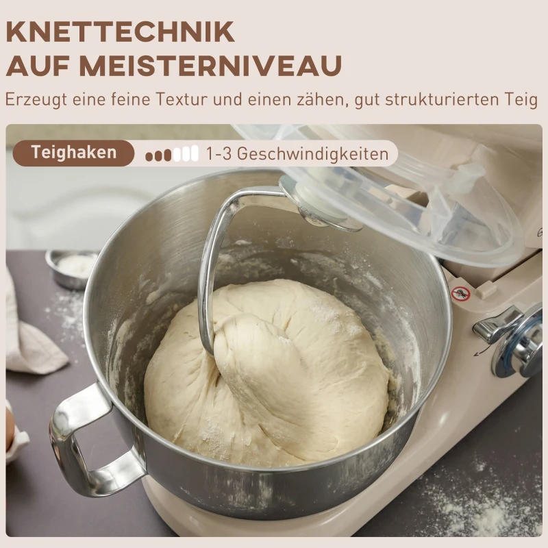 HOMCOM Küchenmaschine Knetmaschine mit 4,5L Edelstahlschüssel 1300W Teigmaschine mit 6+P Geschwindigkeit Beige