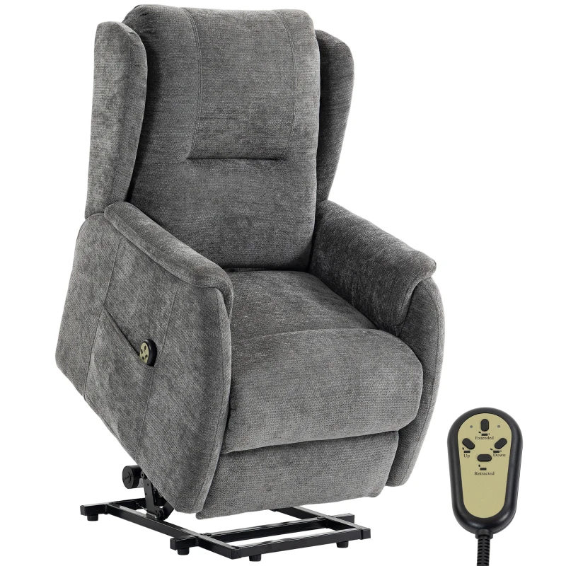 HOMCOM Fernsehsessel Relaxsessel mit Aufstehhilfe für Senioren, Chenille-Optik, mit Fernbedienung und Seitentaschen, Dunkelgrau