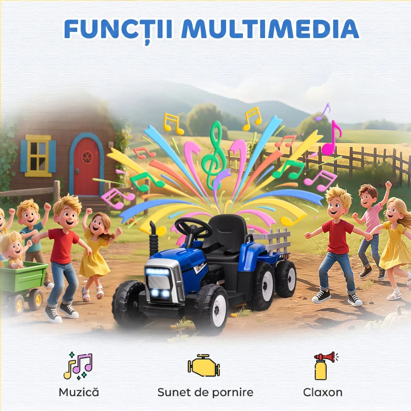 HOMCOM Tractor Electric pentru Copii cu Remorcă Detașabilă, Telecomandă, Port USB, Muzică și Lumini, 3-6 Ani, Albastru