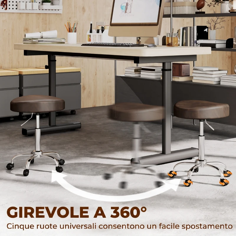 HOMCOM Sgabello Girevole a 360° con Altezza Regolabile, in Finta Pelle, Capacità 120 kg, 39x34.5x52-67.5 cm, Marrone