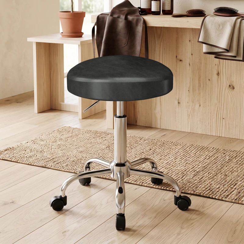 HOMCOM Tabouret roulant en cuir PU, tabouret de salon réglable en hauteur avec assise rembourrée, tabouret beauté pivotant sur roulettes