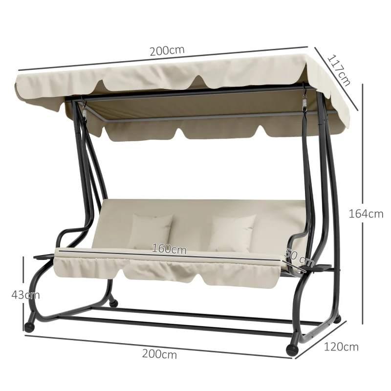 Outsunny 2-in-1 Tuinschommel met Ligfunctie, Verstelbaar Dak, tot 340 kg, Staal, 200x120x164 cm, Crèmewit